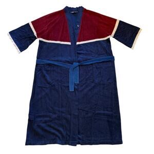 Vintage Christian Dior Bath Robe Mens One Size Blue Red Velour Lounge 80s *READ*
